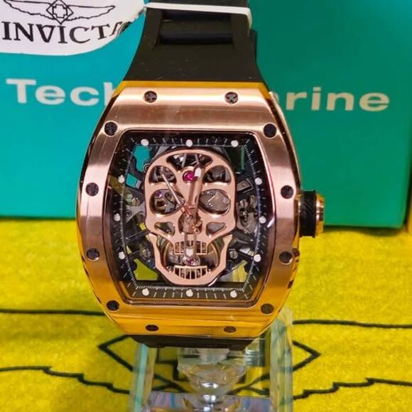 Invicta 49024 Automatic Skeleton Skull Watch – Rose Gold Case & Black Strap - Picture 1 of 4